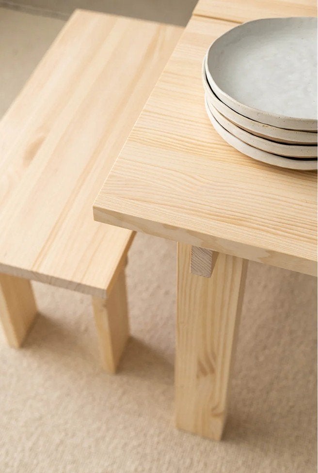 Japandi houten eettafel + zitbanken, Huis en Inrichting, Complete eetkamers, Ophalen