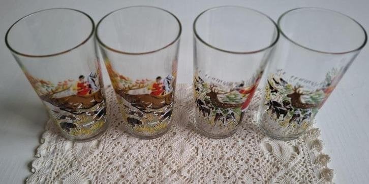 4 Vintage Franse drinkglazen, jacht, jachttafereel, honden, Antiquités & Art, Curiosités & Brocante, Enlèvement ou Envoi
