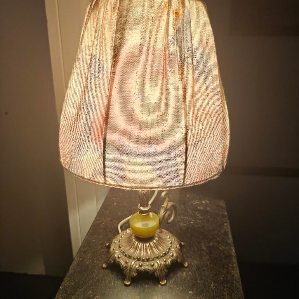 Vintage messing tafellamp met gele onyx steen, Ophalen of Verzenden