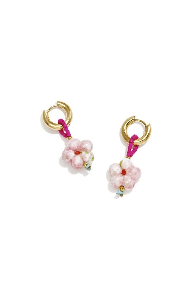 Oorbellen met roestvrijstalen kralen en bloemmotief, Bijoux, Sacs & Beauté, Enlèvement ou Envoi, Neuf, Rose, Verre