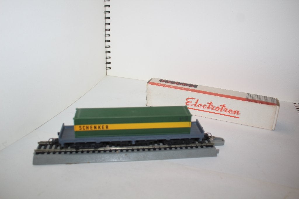 electrotren ho wagon plat double essieux + container shenker, Autres marques, Enlèvement ou Envoi, Wagon, Courant continu