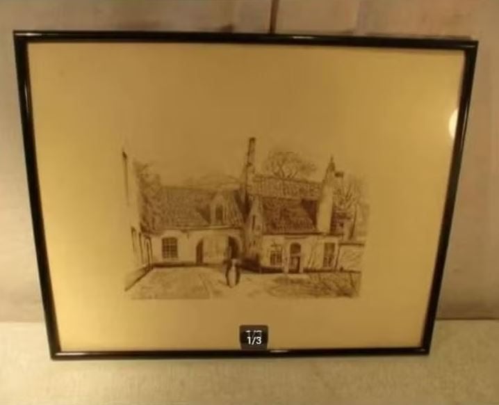 Prachtige Tekening 'Begijntje op Wandel' - Delbaere, Ophalen of Verzenden, Tekening, Handgemaakt