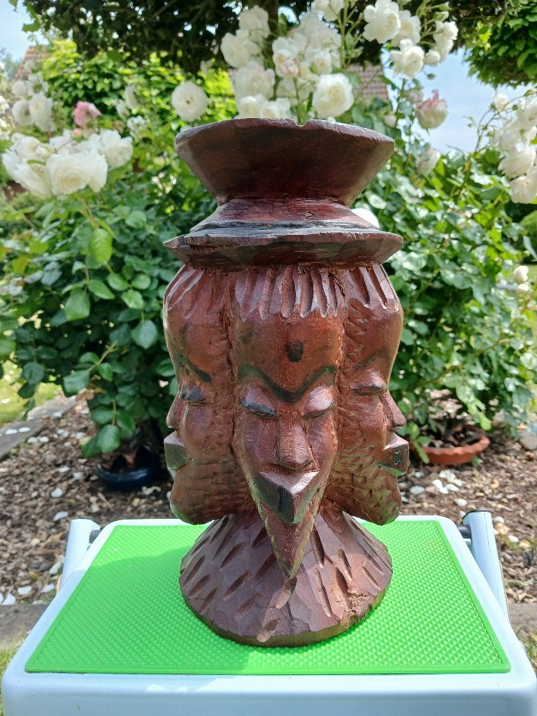 Vintage afrikaanse houten schulptuur met 4 gezichten, Antiek en Kunst, Ophalen of Verzenden