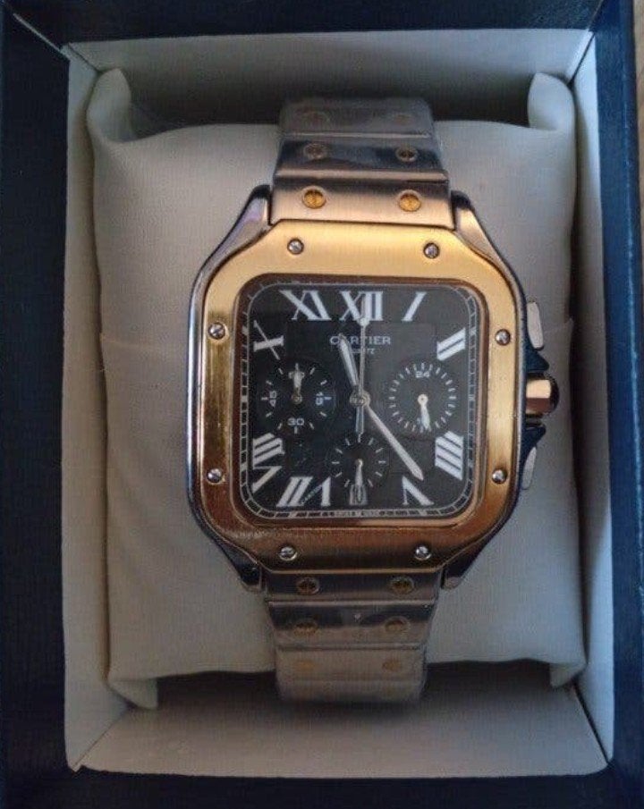 Chronographe Santos bicolore argent/doré, Bijoux, Sacs & Beauté, Montres | Hommes, Autres marques, Enlèvement ou Envoi, Acier