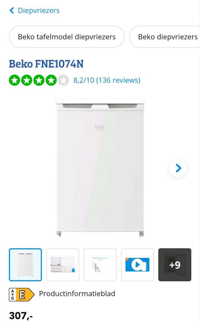 Diepvries Beko Beko FNE1074N, Elektronische apparatuur, Ophalen of Verzenden