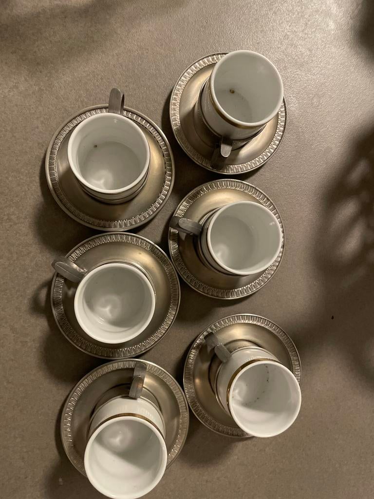 Vintage KAHLA DDR espresso set (6x) met 95% tinnen houders, Antiquités & Art, Antiquités | Porcelaine, Enlèvement