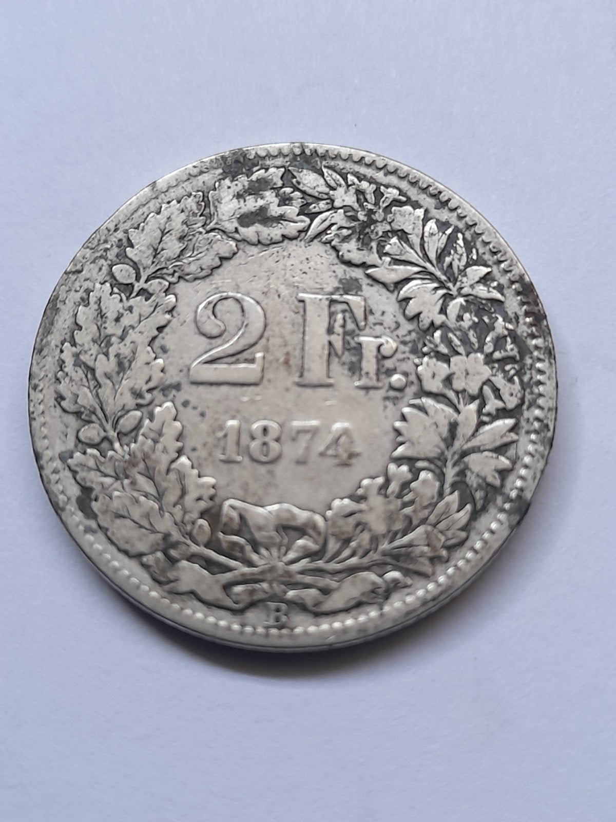 Zwitserse 2 franc 1874  letter B zilver, Ophalen of Verzenden, Zilver