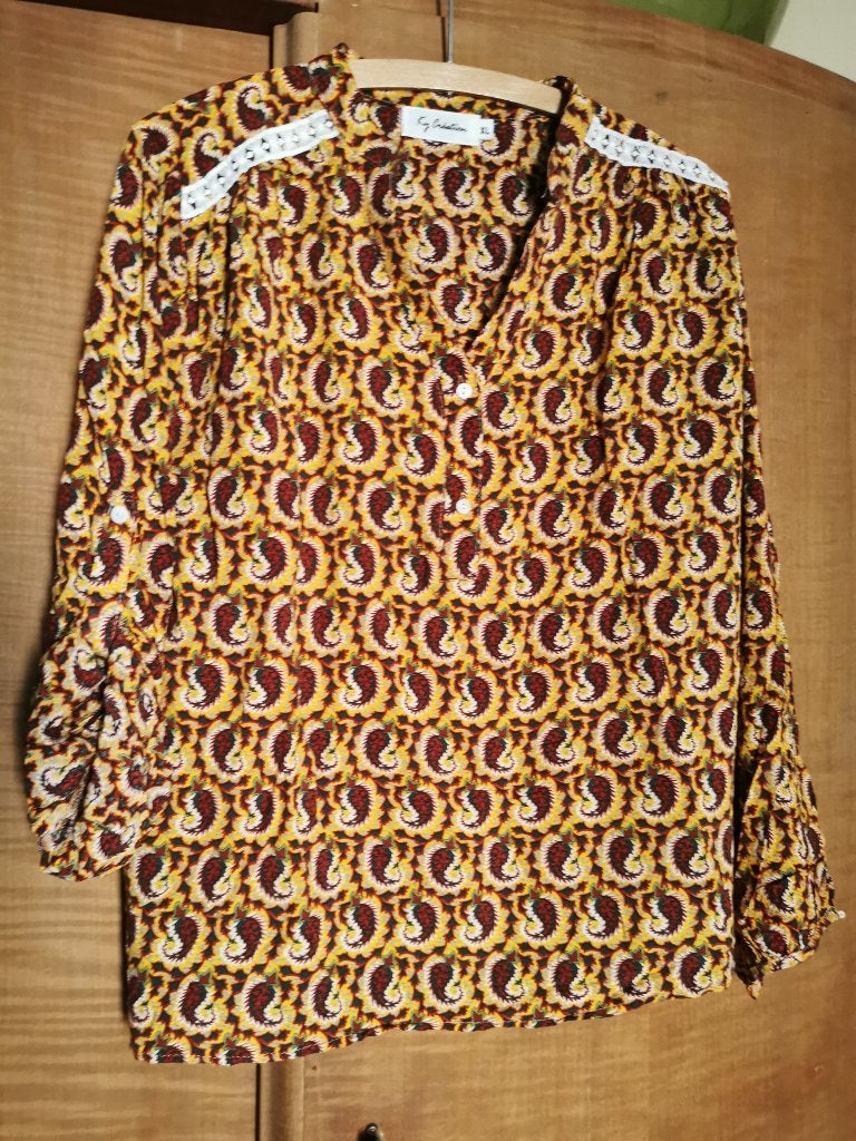 Bloesje XL 100% viscose geel roodbruin paisley motief, Geel, Maat 46/48 (XL) of groter, Ophalen of Verzenden, Zo goed als nieuw