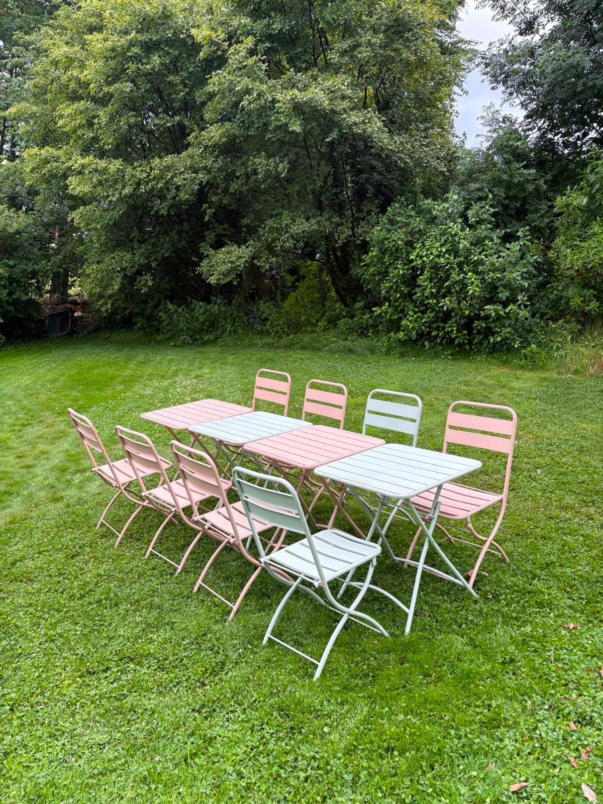 Ensemble de jardin bistro métal bleu et rose - 8pers, Jardin & Terrasse, Chaise, 8 places, Enlèvement, Utilisé
