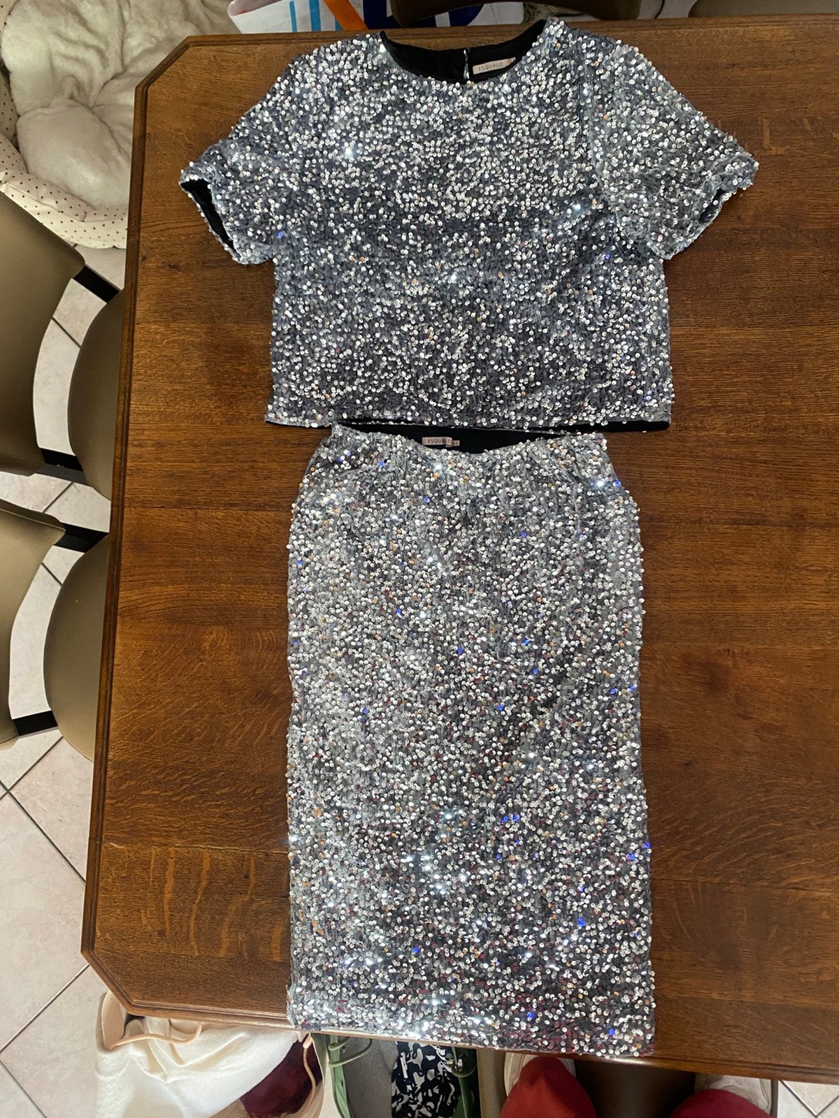 Ensemble à paillettes argentées Esqualo haut jupe longue  S, Enlèvement ou Envoi, Comme neuf, Taille 36 (S)