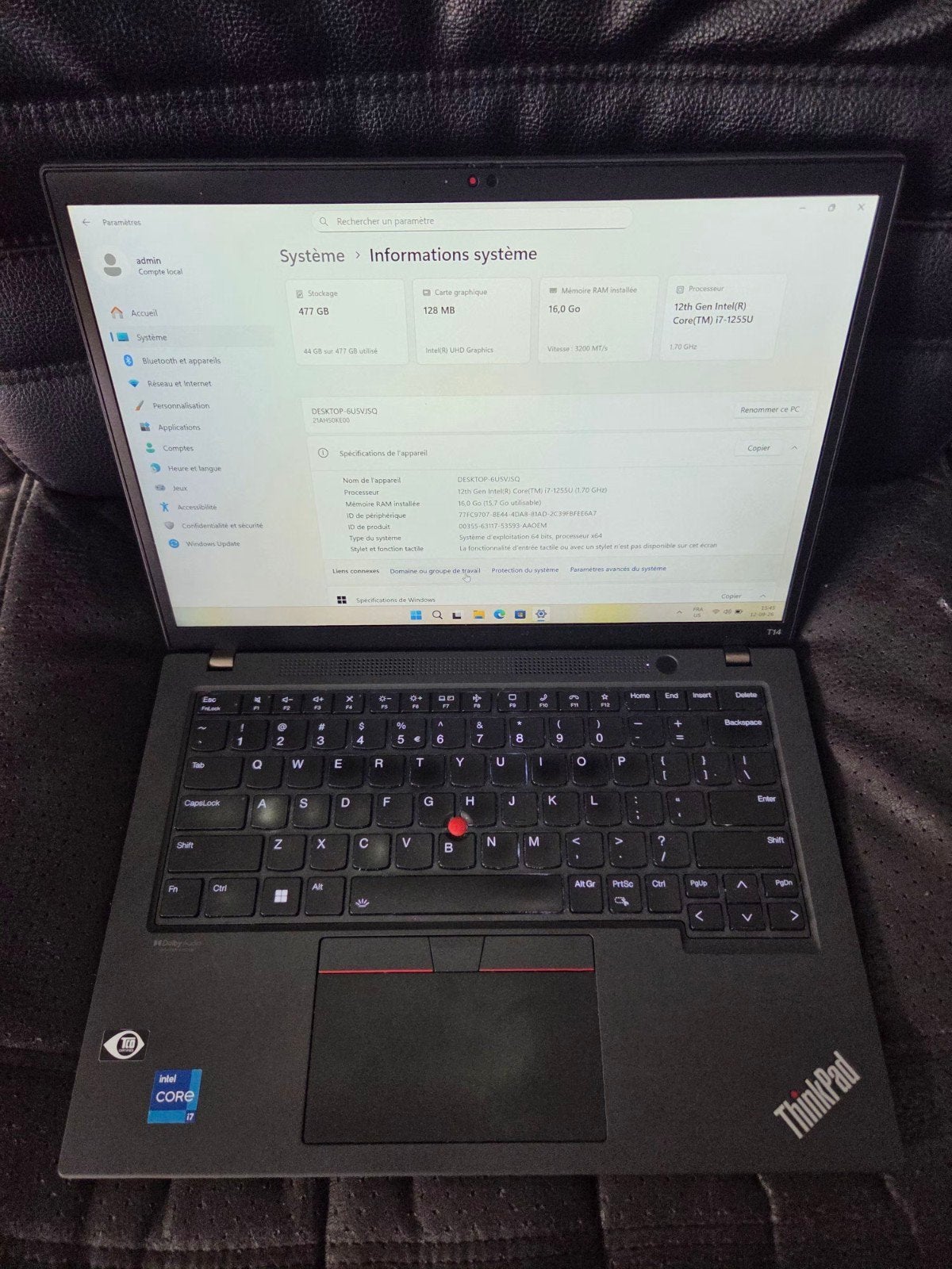 lenovo thinkpad T14 Gen 3 i7 12th, Informatique & Logiciels, 14 pouces, Lenovo ThinkPad, Intel Core i7-1255U, SSD