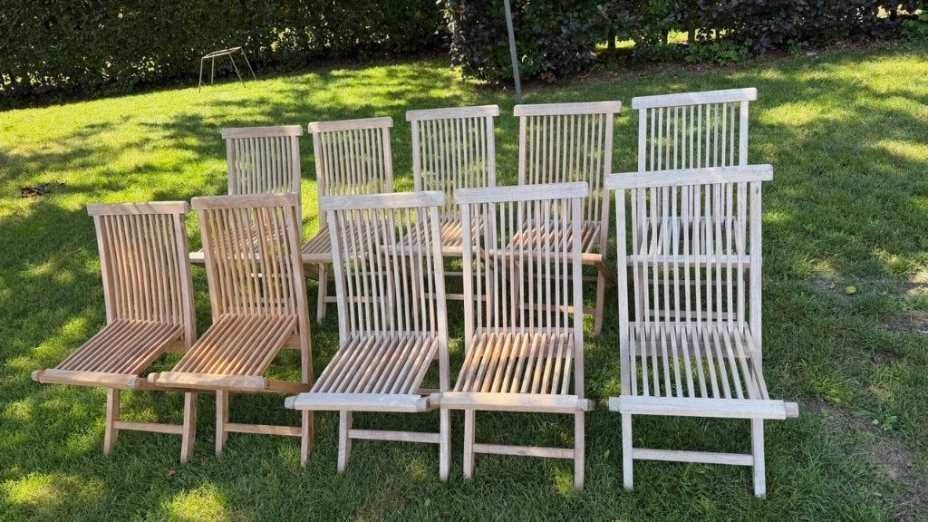 10x Tuinstoelen inklapbaar massief teakhout, Jardin & Terrasse, Chaises de jardin, Enlèvement, Comme neuf, Bois de teck, Pliant