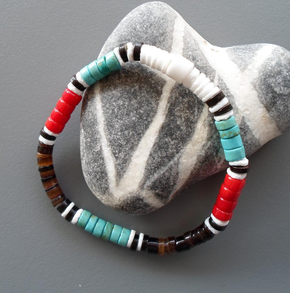 Indiaanse armband voor heren of dames turkoois koraal Surfer, Handtassen en Accessoires, Armbanden, Met bedels of kralen, Blauw