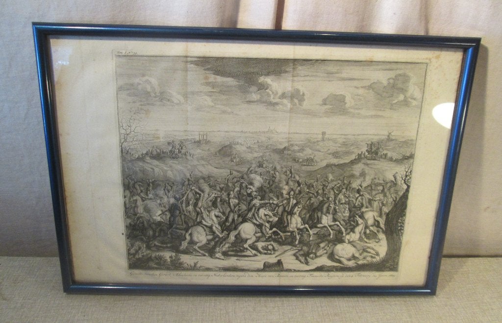 Très ancienne gravure « Dutch vs. French Riders », Enlèvement ou Envoi, Militaire, Gravure, Encadré