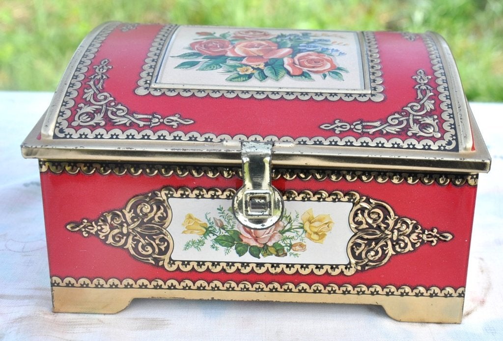 boite coffre métal décor fleur, Enlèvement ou Envoi, Utilisé