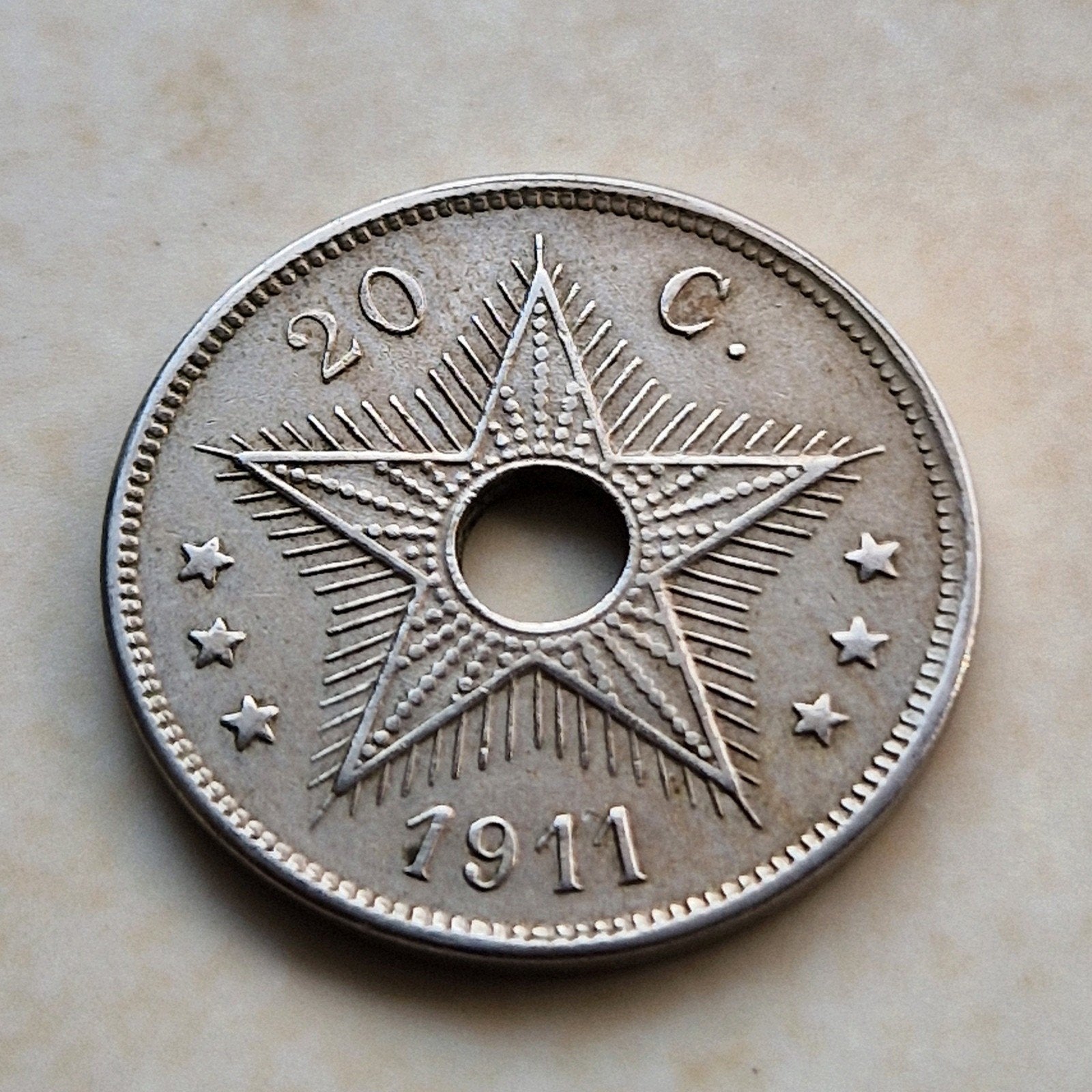 1911 Belgish -Congo 20 Centimes Coin, Ophalen of Verzenden