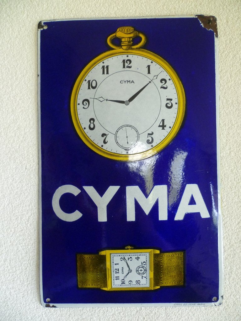 PLAQUE  EN ÉMAIL « CYMA WATCHES » DES ANNÉES 1920/30, Collections, Enlèvement ou Envoi, Utilisé, Panneau publicitaire