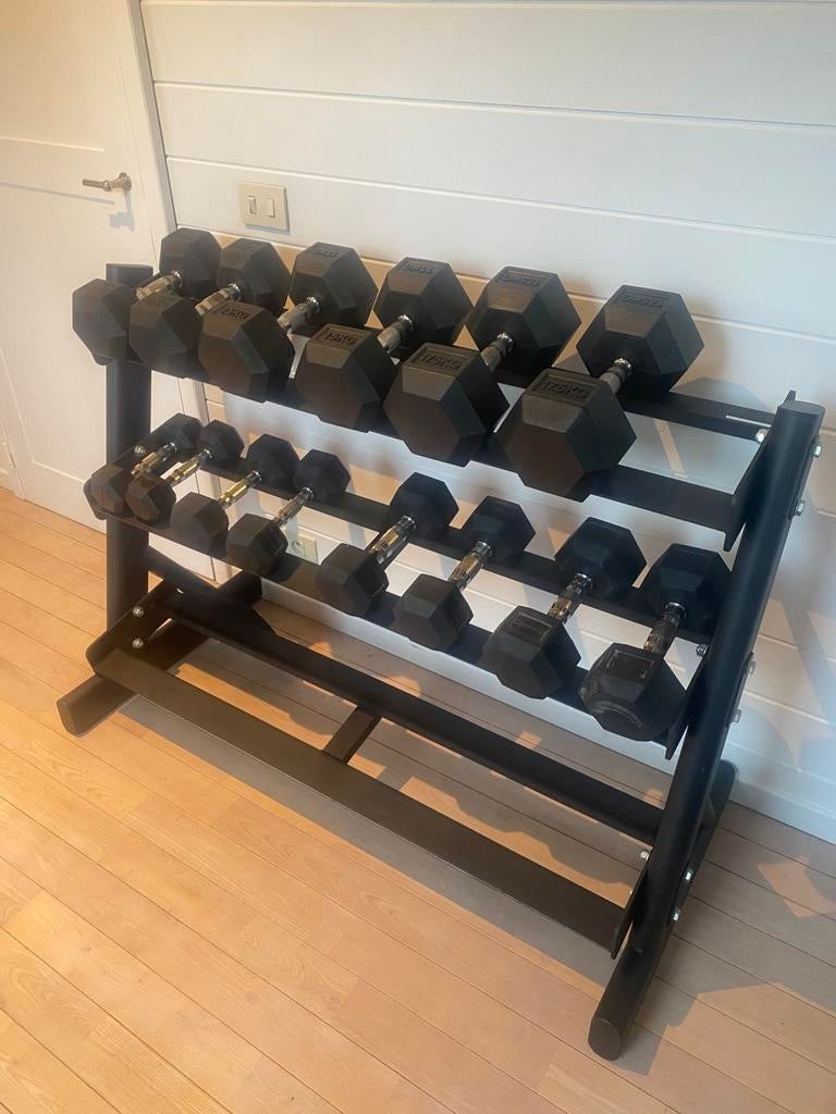 Haltères - Dumbells Hexagonales avec Rack., Enlèvement, Comme neuf