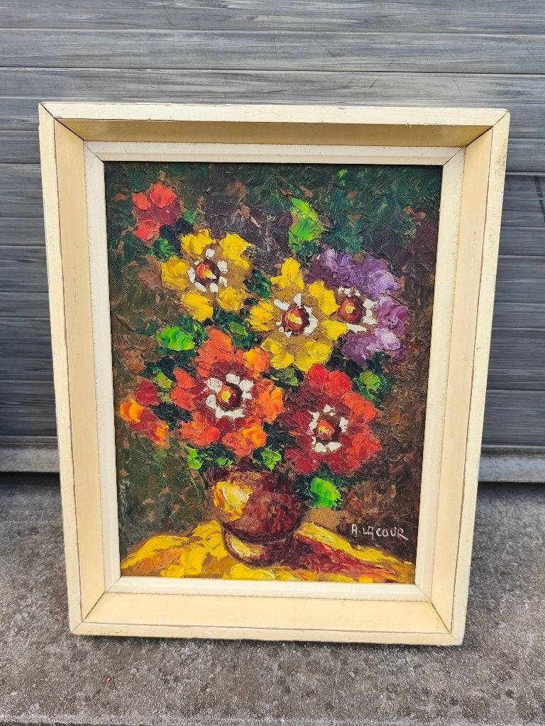 Huile sur panneau fleurs signe Armand lacour, Antiquités & Art, Art | Peinture | Classique, Enlèvement ou Envoi, Fleurs, Panneau