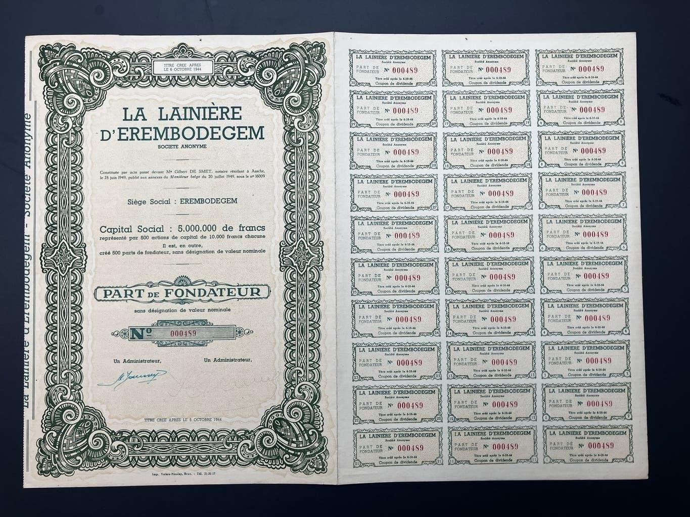 La lainière d’Erembodegem 1949 Action aandeel Aalst textiel, Postzegels en Munten, Aandelen en Waardepapieren, Ophalen, Aandeel