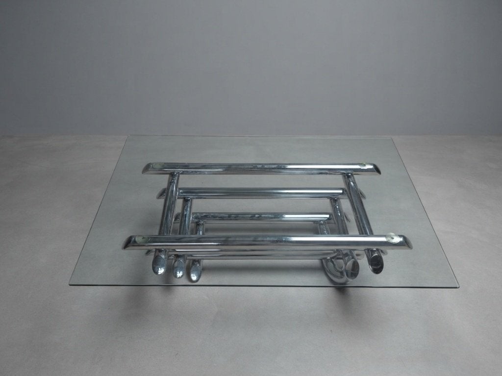 Vintage jaren 70 salontafel chroom & glas, Ophalen, Gebruikt, 100 tot 150 cm, 50 tot 100 cm
