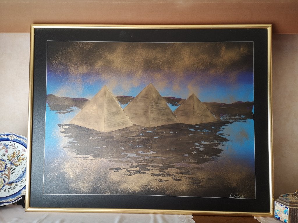 Groot modern schilderij "Piramiden van Gizeh", Antiek en Kunst, Gesigneerd, Gemengde techniek, Textiel, Landschap