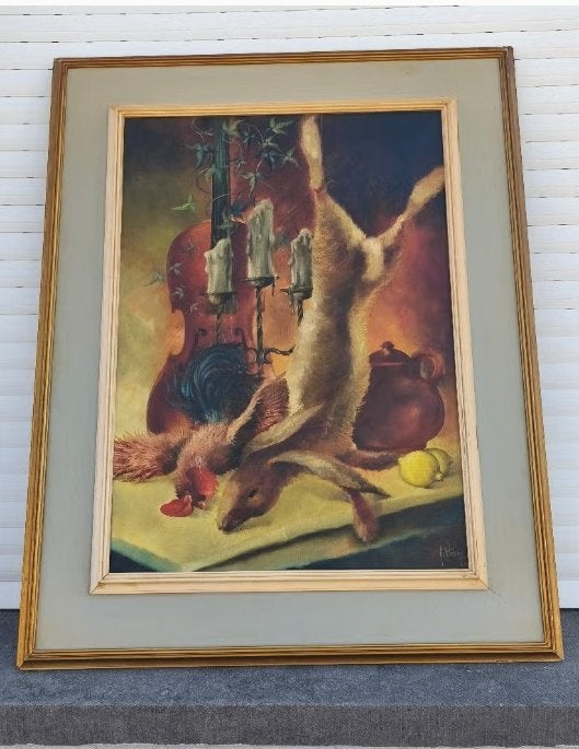 Huile sur toile nature morte au lièvre signe Gérard straus, Antiek en Kunst, Kunst | Schilderijen | Klassiek, Ophalen of Verzenden