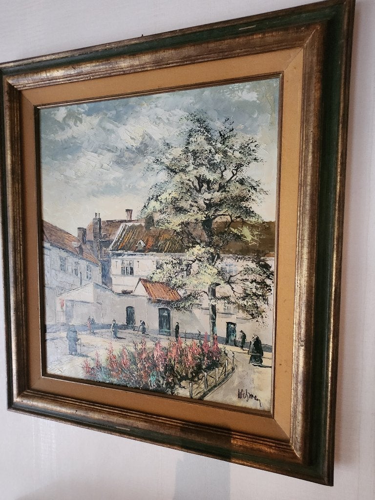 Wisman - Begijnhof van Tongeren, Peinture à l'huile, Enlèvement, Encadré, Paysage urbain / rural