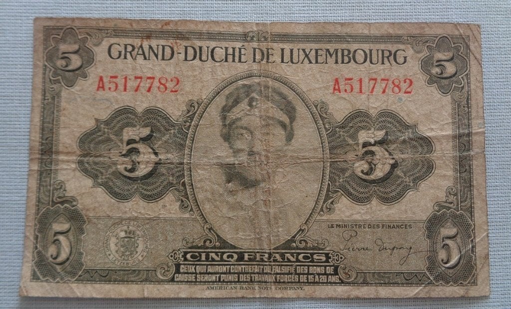 Luxembourg, 5 francs 1944, Enlèvement ou Envoi, Autres pays, Billets en vrac