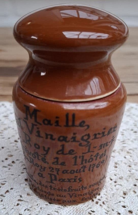 Vintage Frans bruin Maille mosterdpotje met originele deksel, Ophalen of Verzenden