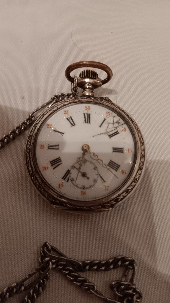 antieke zilveren zakhorloge 0,800, Handtassen en Accessoires, Zakhorloge, Met ketting, Zilver, Ophalen