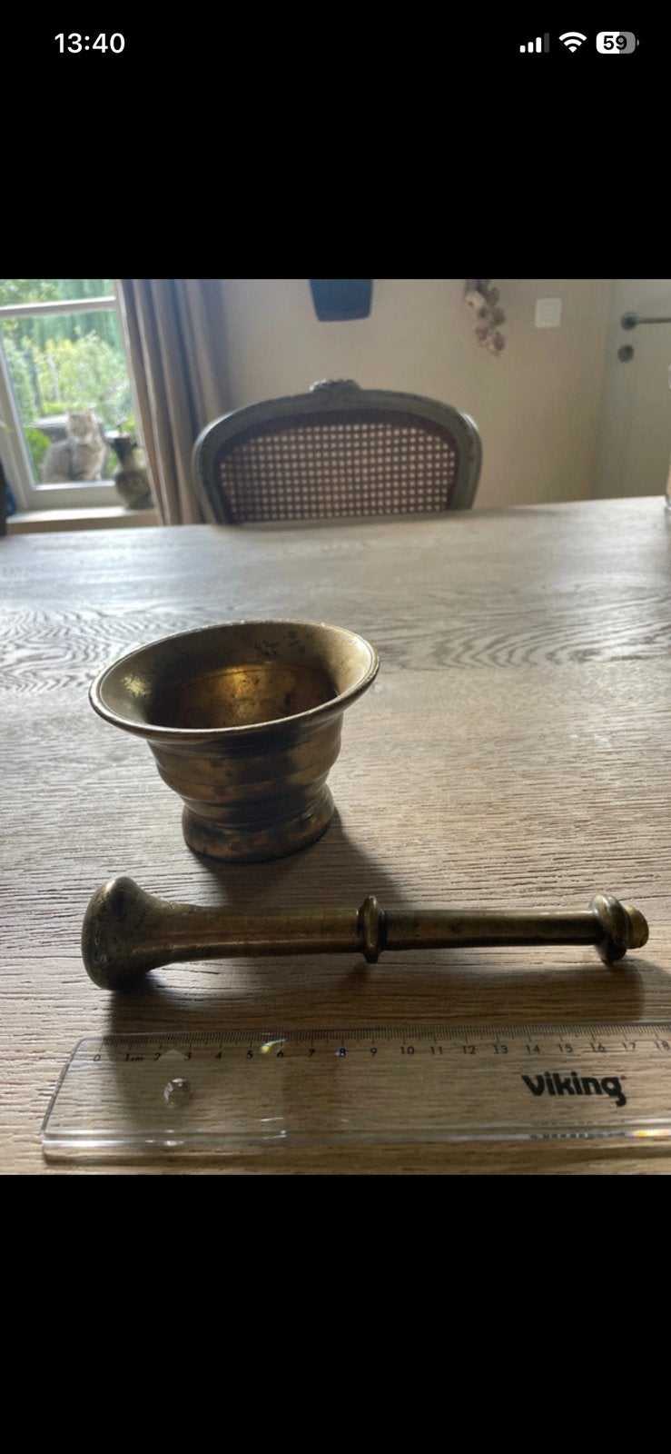 Bronzen antieke vijzel en stamper., Antiek en Kunst, Ophalen, Brons