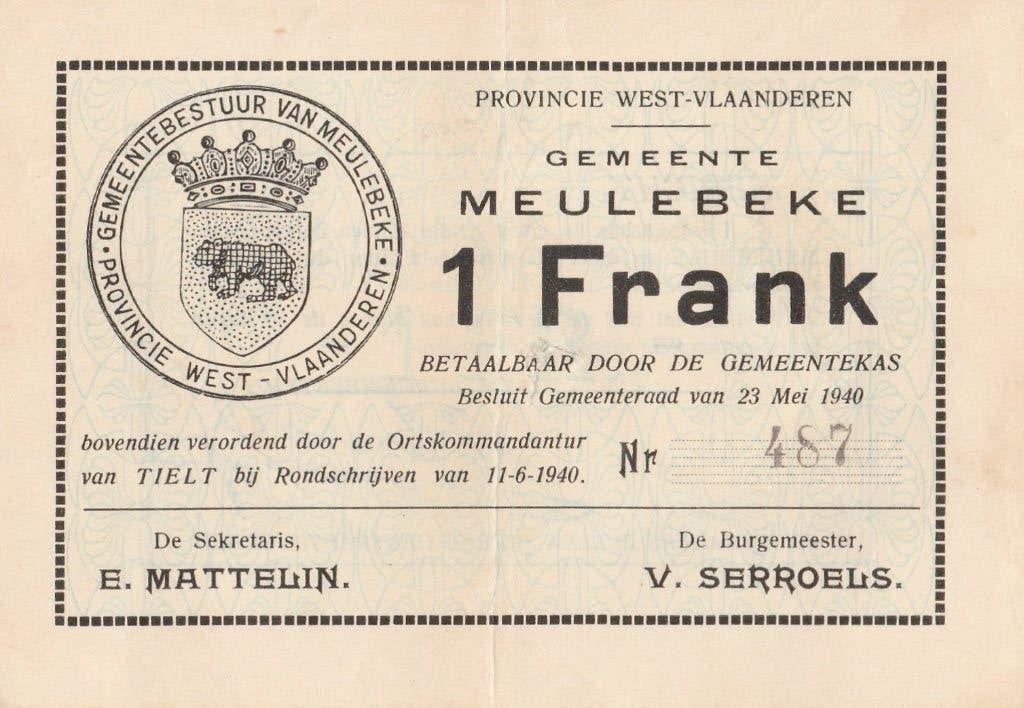 Noodgeld  Gemeente Meulebeke(1,2,5,10,20 Frank,11.6.1940), Ophalen of Verzenden, België, Setje