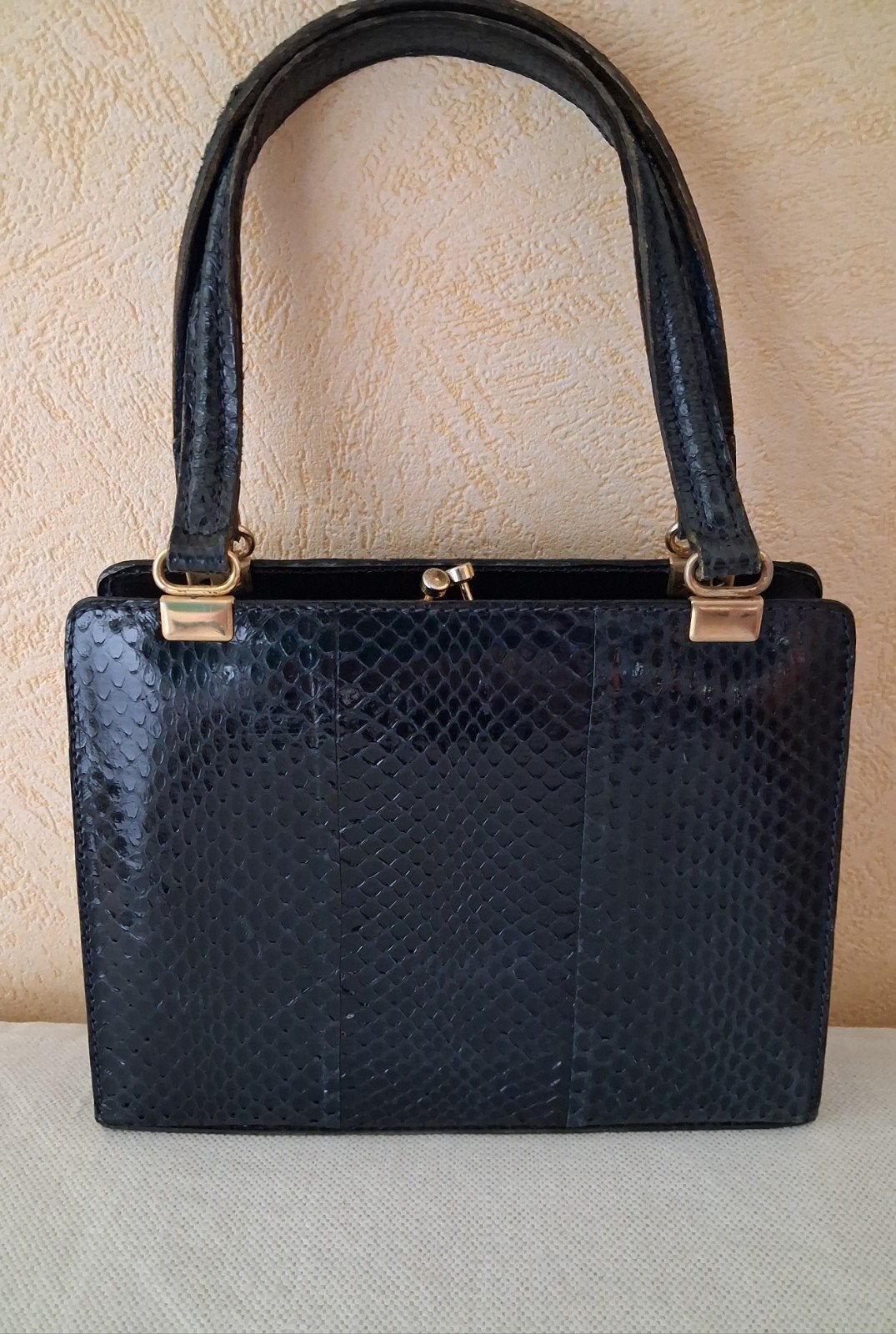 Sac à main cadre vintage en véritable serpent bleu marine, Enlèvement ou Envoi, Bleu, Sac à main