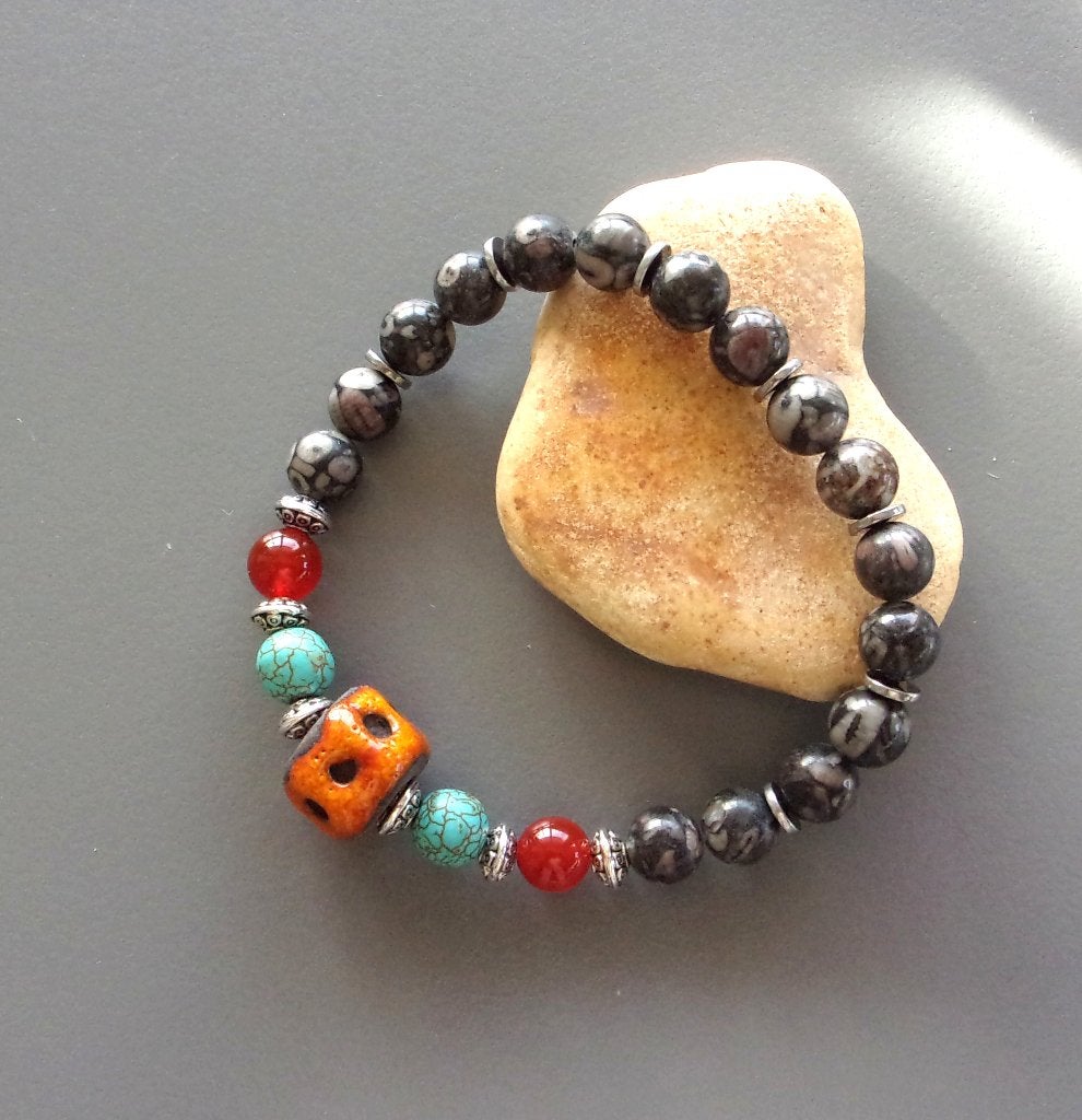 Oranje keramische armband voor dames of heren met turkoois, Met bedels of kralen, Nieuw, Oranje, Ophalen of Verzenden