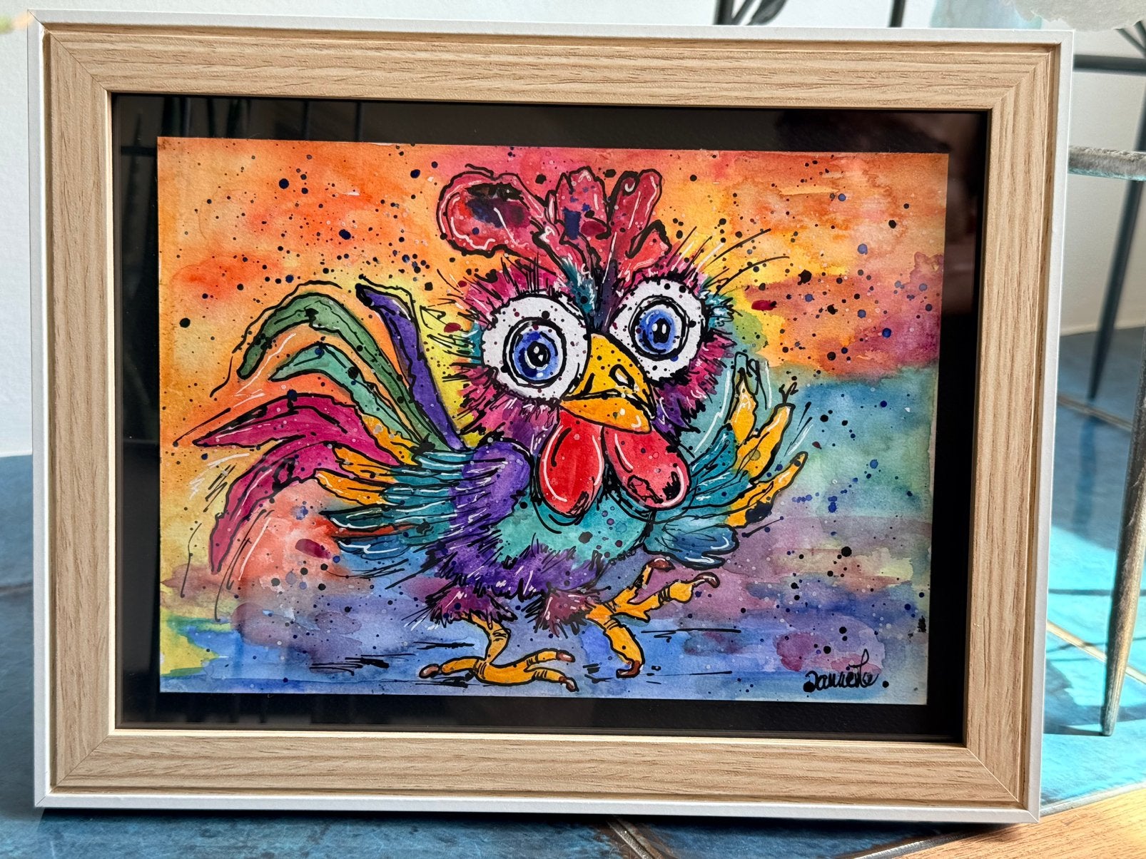 Aquarel in lijst Kip, Antiek en Kunst, Verzenden