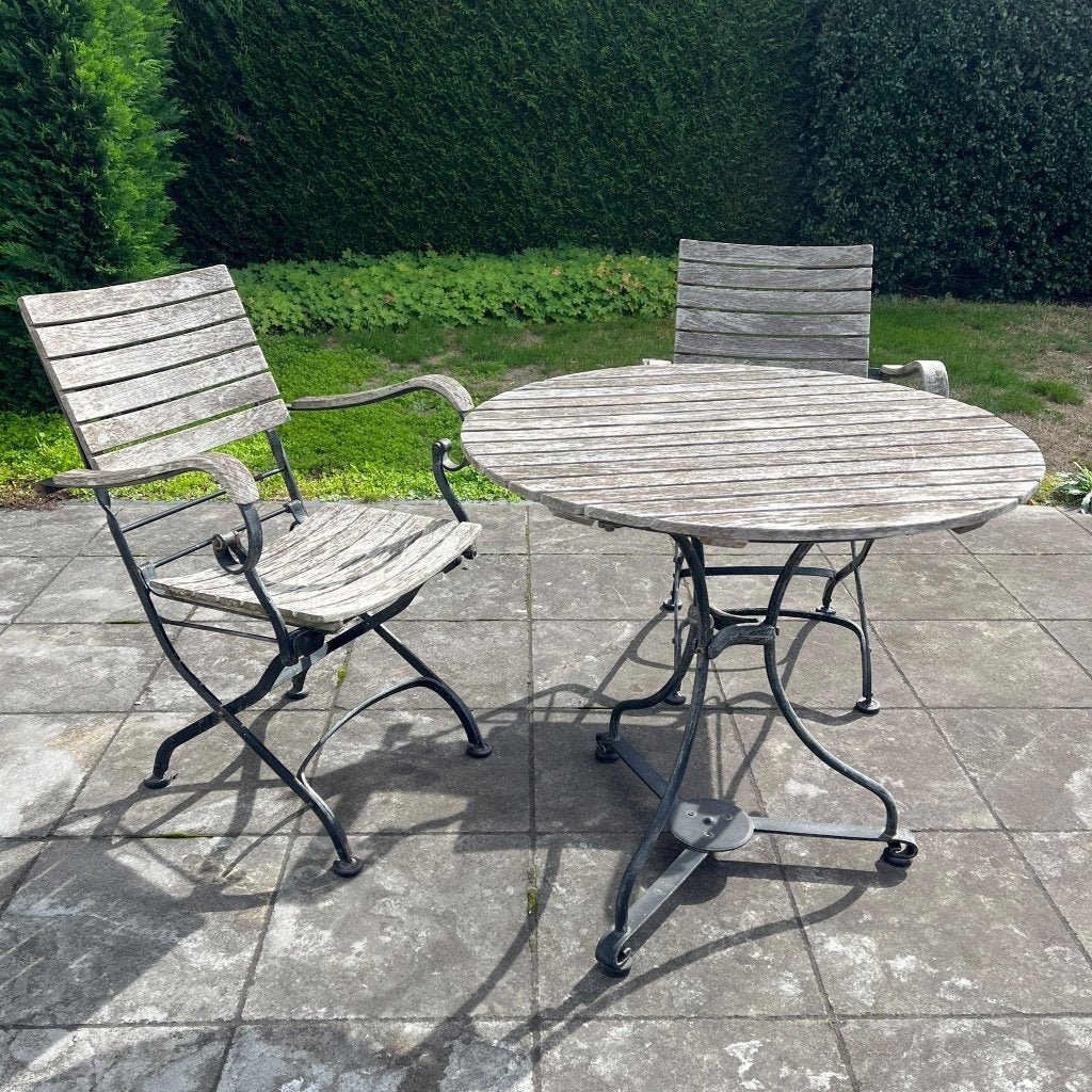 Teakhouten terras-/ tuinset-tafel met 2 stoelen, Ophalen, Gebruikt, Rond, Teakhout