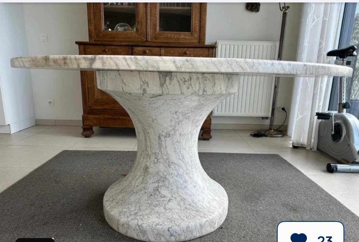 Prachtige massief wit Arabescato marmer eettafel diam.140 cm, Ophalen, Massief wit Arabescato marmer, Rond, Zo goed als nieuw