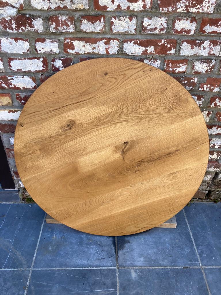 Massief eiken tafelblad rond – Ø 90 cm (4 cm dik), Huis en Inrichting, Tafelonderdelen, Ophalen, Gebruikt, 50 tot 100 cm, 50 tot 100 cm