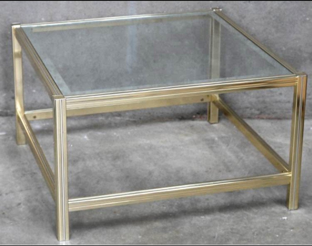 Coffe table glass and brass square by Pierre Vandel, Ophalen
