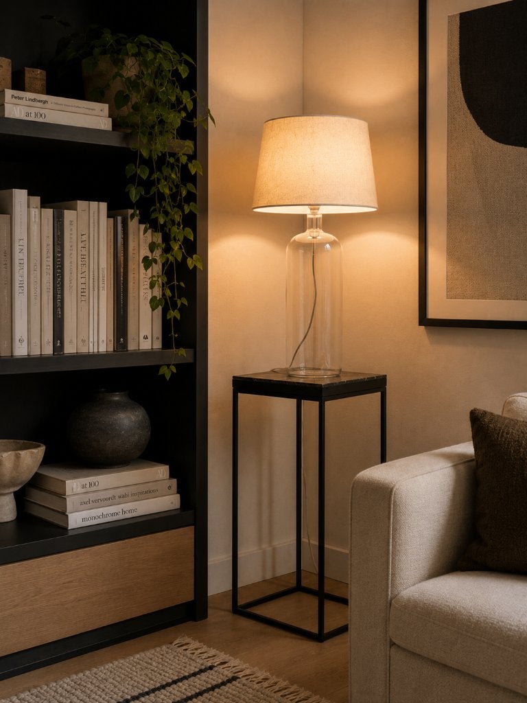 Grote glazen designlamp met linnen lampenkap incl lamp, Scandinavisch, Met kap, E27 (groot), Zo goed als nieuw
