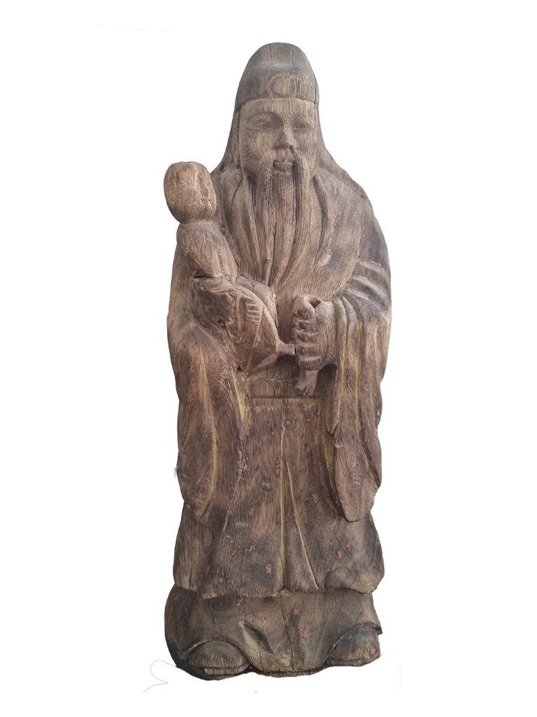 Grote antieke Chinese houten sculptuur met kind, Ophalen, 50 - 100 cm, Hout, Bruin