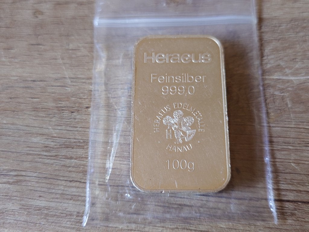 100 Gram Heraeus Zilver Baar, Verzenden, Zilver
