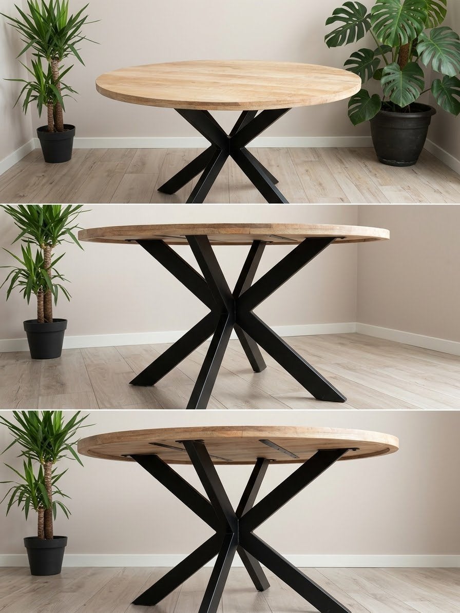 Table ronde en manguier massif 130 cm – Pied araignée, Enlèvement, Comme neuf