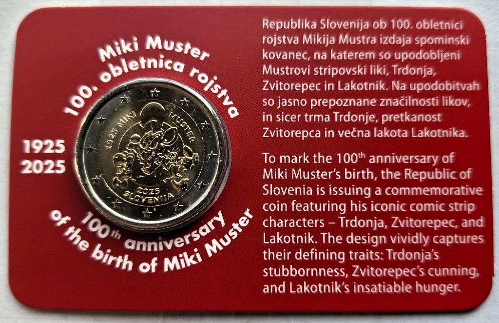 Slovénie 2 euros 2026 Miki Muster en coincard (rare), Timbres & Monnaies, Monnaies | Europe | Monnaies euro, Monnaie en vrac, 2 euros