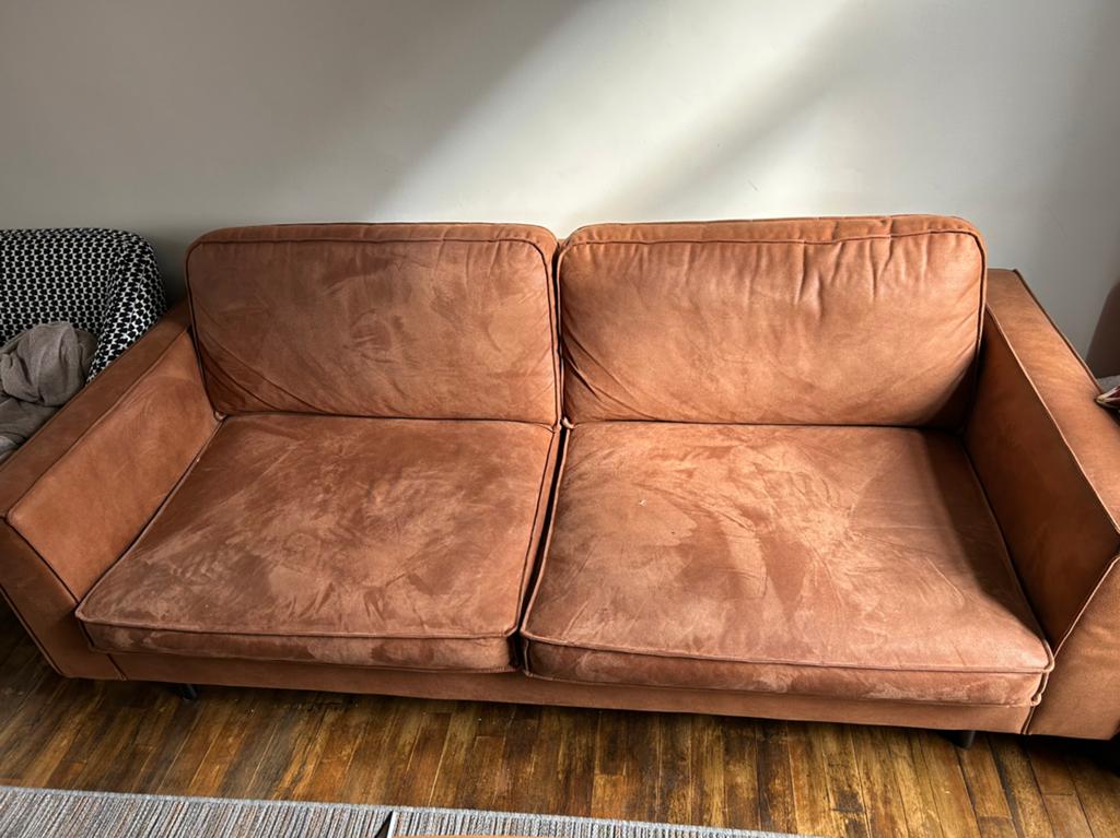 Quentin sofa 3-zit leder cognac + bijpassende voetbank, Ophalen, Zo goed als nieuw
