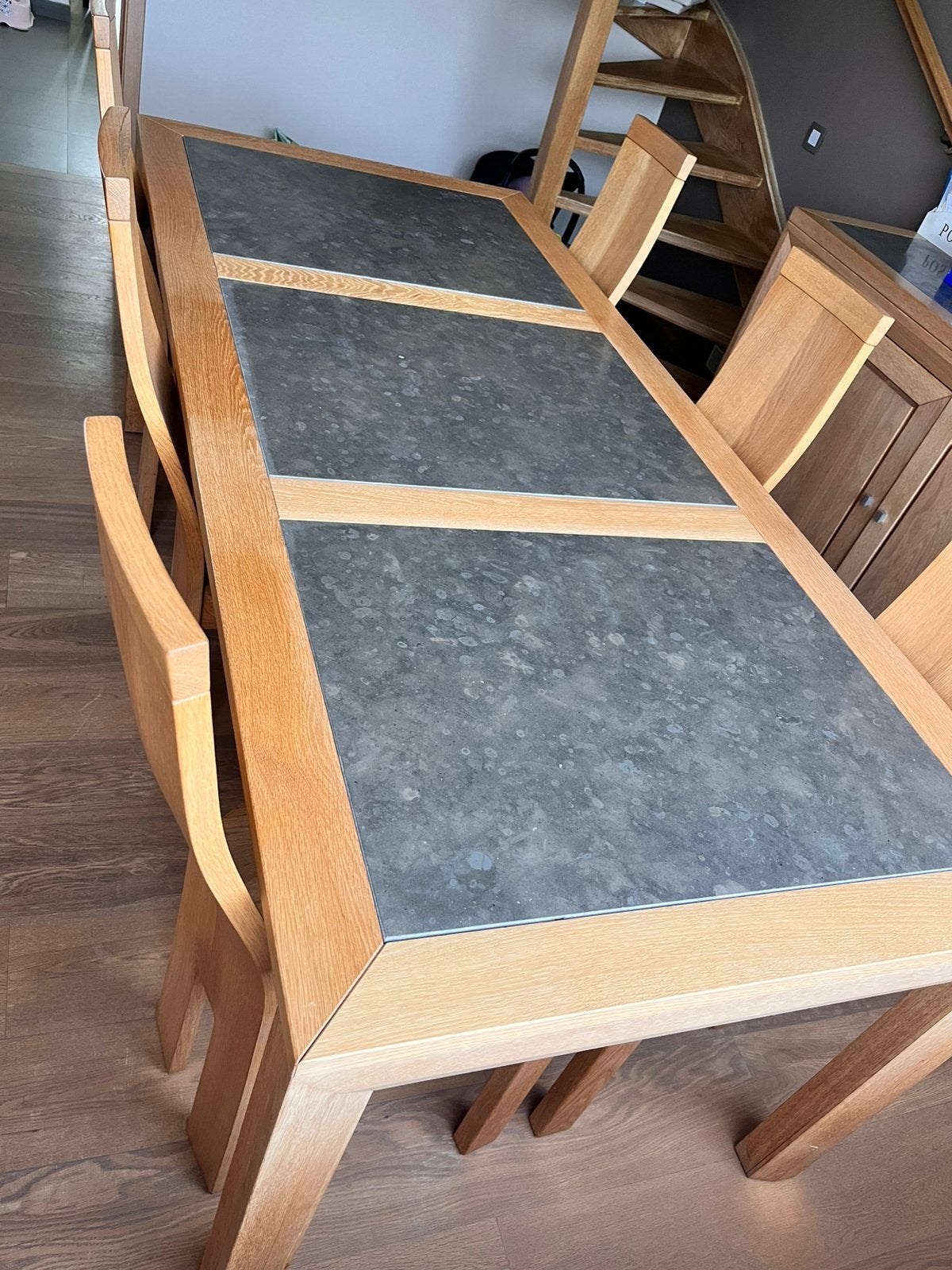 Eiken eertafel met marmer - zeer goede staat, Ophalen, Gebruikt, 4 tot 6 stoelen