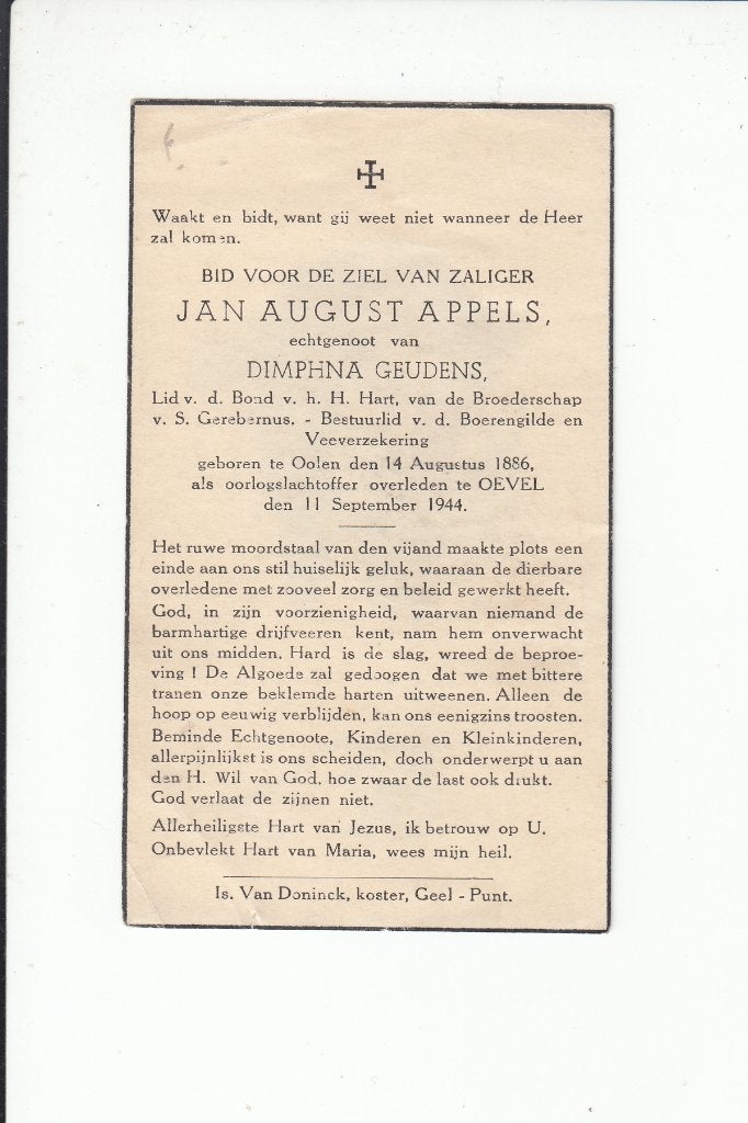 Slachtoffer WO II - Olen - gevallen te Oevel 1944, Verzamelen, Bidprentjes en Rouwkaarten, Verzenden, Bidprentje