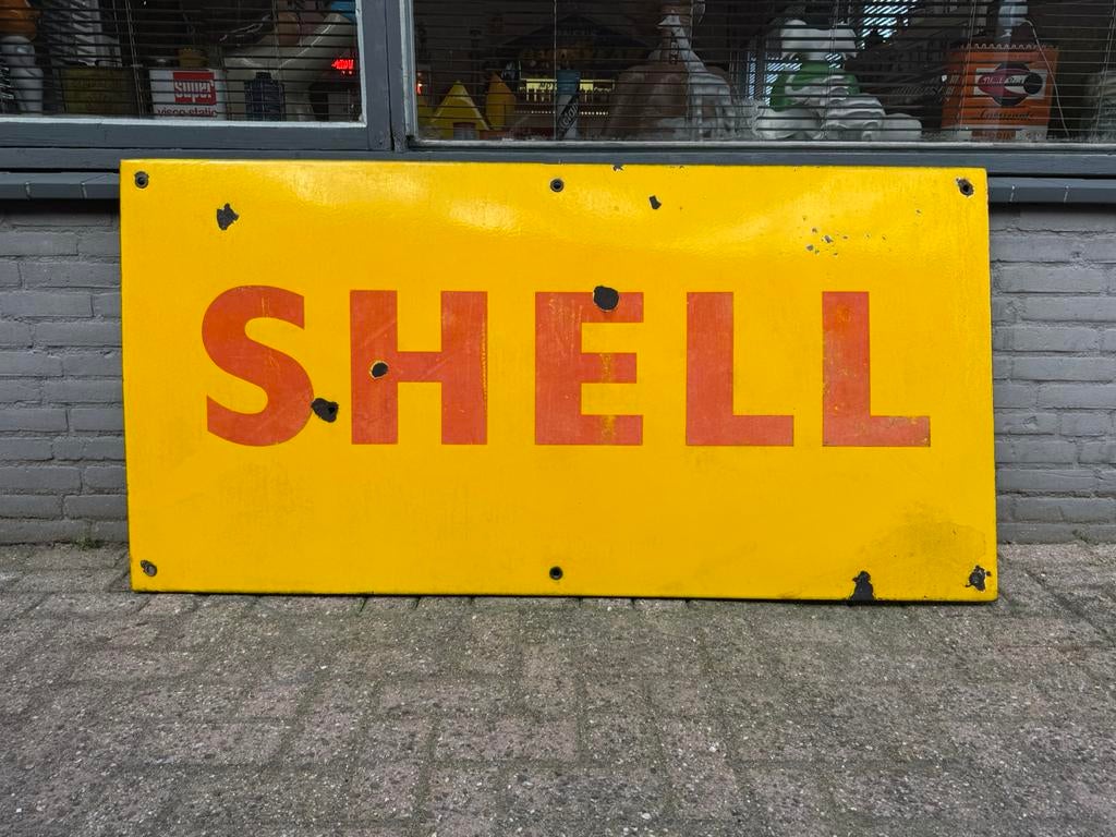 Grand panneau d'affichage en émail SHELL, Enlèvement, Utilisé, Panneau publicitaire
