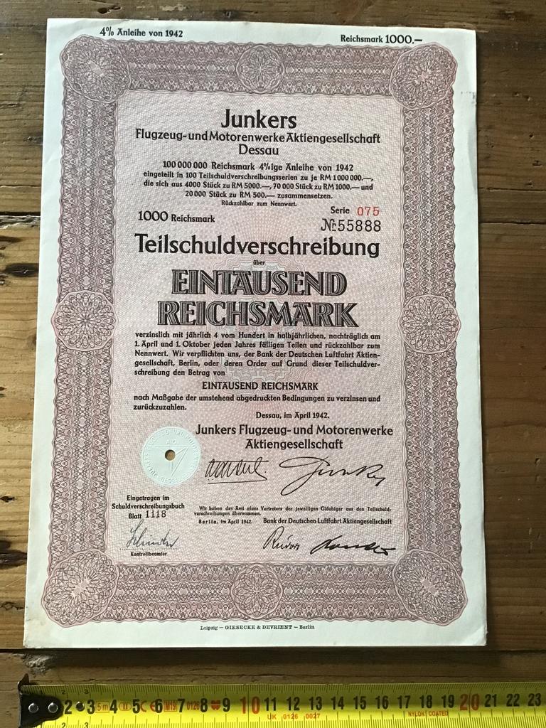 Junkers Flugzeug-und Motorenwerke originele obligatie 1942, Ophalen of Verzenden